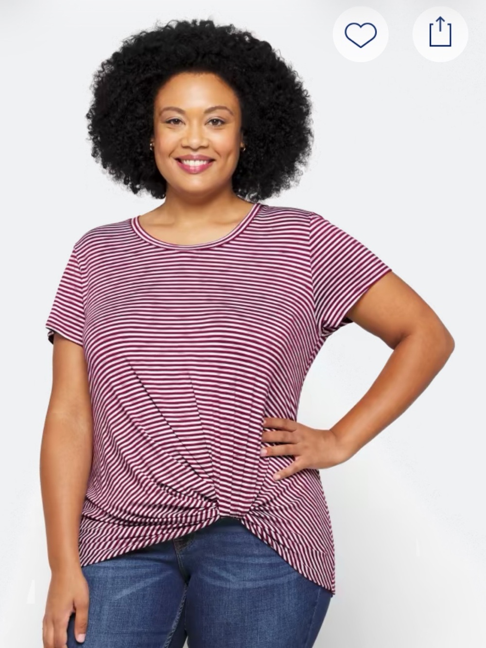 nine britton Burgundy-and-White Striped Twist-Front Short Sleeve Top EUC